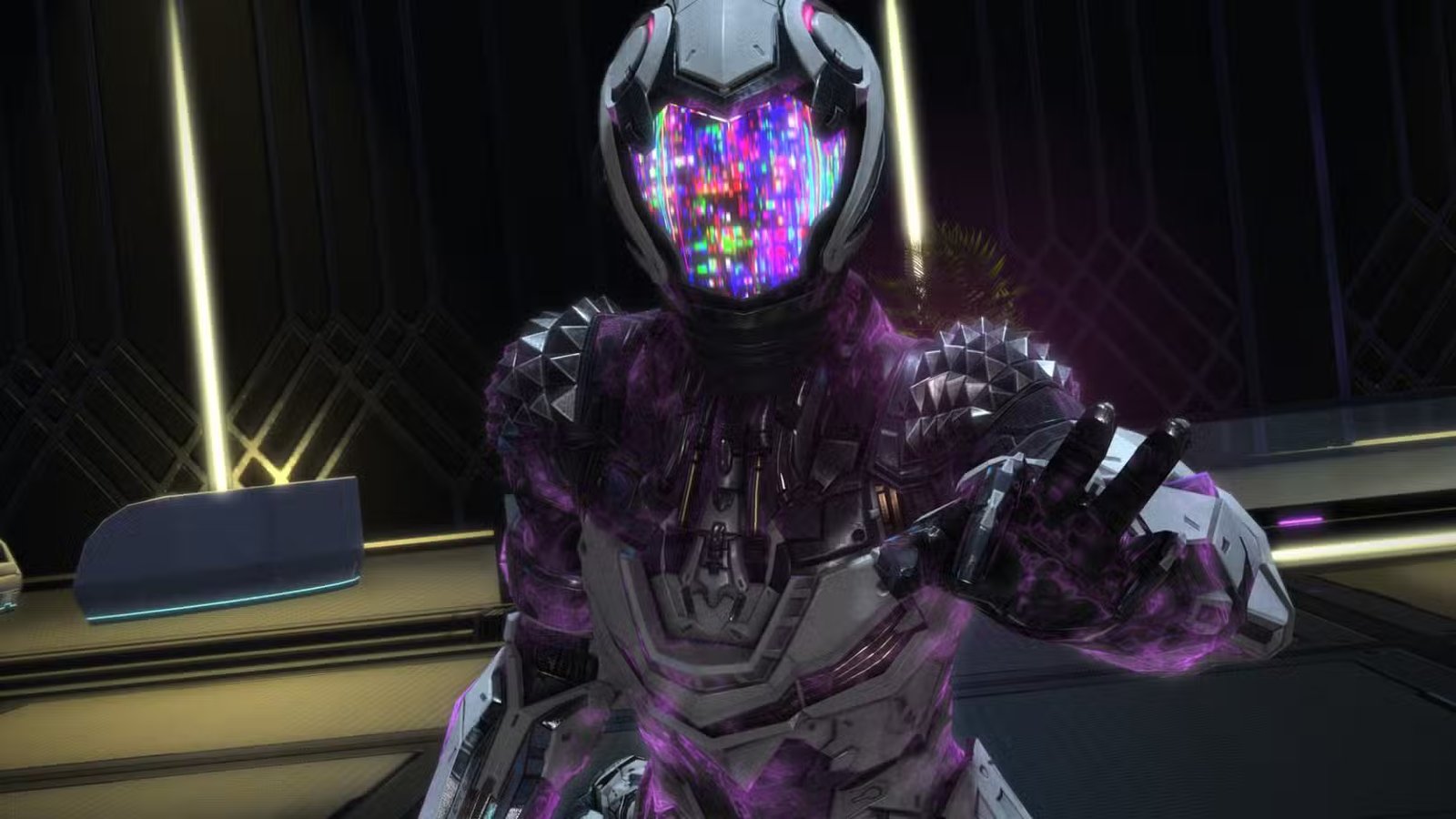 A character from Final Fantasy XIV interacting with an NPC in a richly detailed, new city area, indicating new story content.