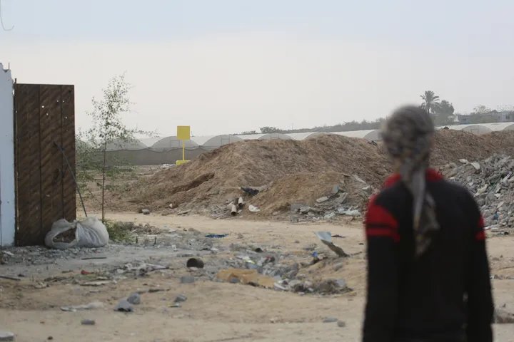A small Palestinian girl walks past a damaged building in Gaza, her expression somber, highlighting the devastating impact of conflict and blockade on the children of the region.