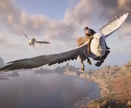 Close-up screenshot of a Hogwarts Legacy character casting a spell, showcasing the game's detailed graphics.