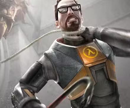 A classic image of Gordon Freeman wielding his iconic crowbar.