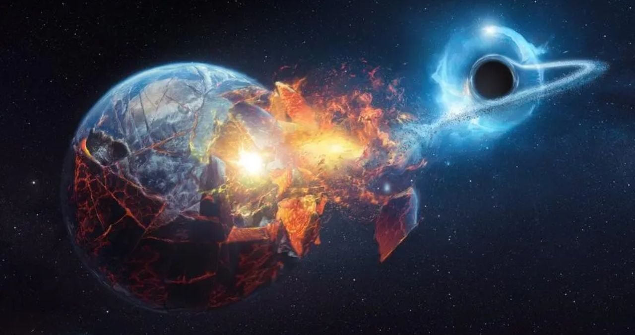 A detailed illustration of cosmic expansion, with galaxies moving away from a central point, representing the Big Bang theory. The background shows faint cosmic microwave background radiation.