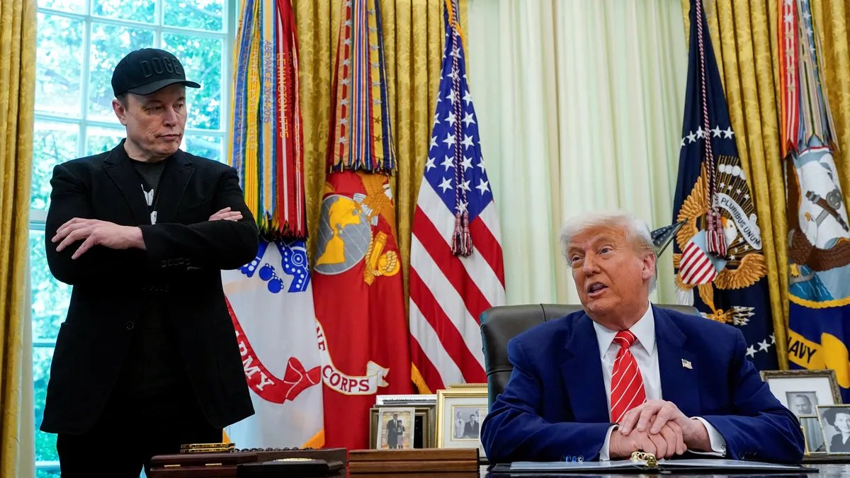 Donald Trump and Elon Musk standing together, with a faint Dogecoin symbol overlaid.