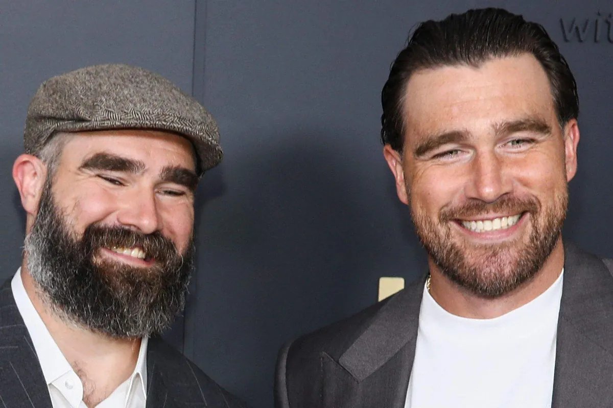 Jason and Travis Kelce during a New Heights Podcast Recording