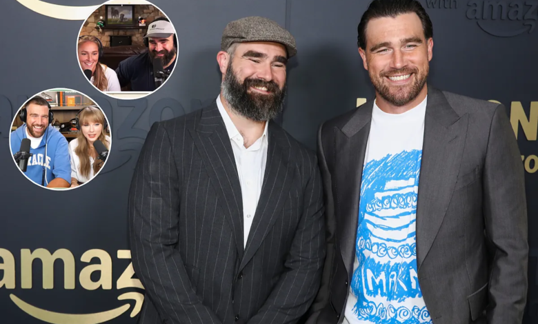 Jason and Travis Kelce reveal that Kylie Kelce and Taylor Swift will not be guests on "New Heights," but they still made fans happy