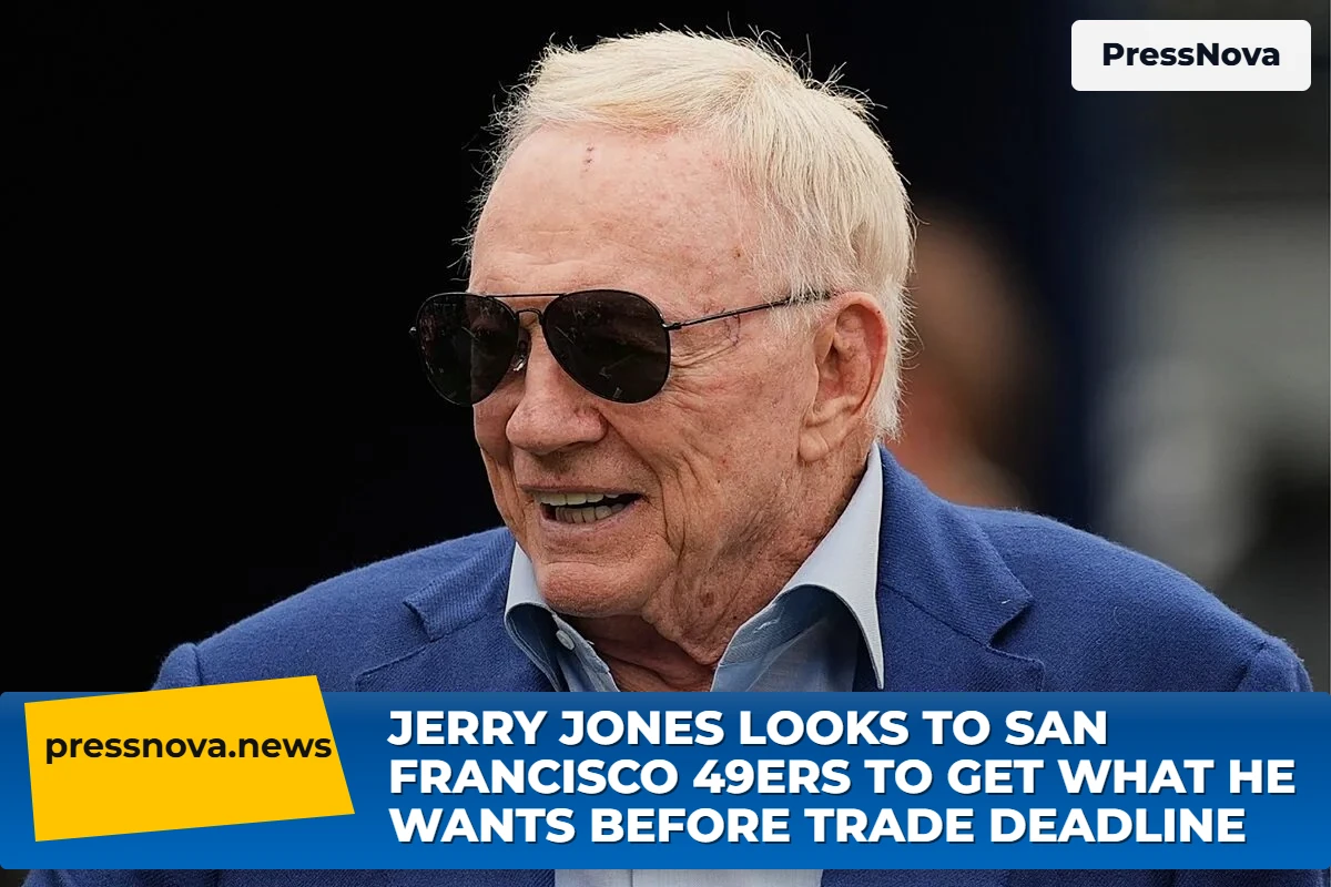 A depiction of the Dallas Cowboys and San Francisco 49ers helmets facing off, symbolizing their rivalry in the trade market.