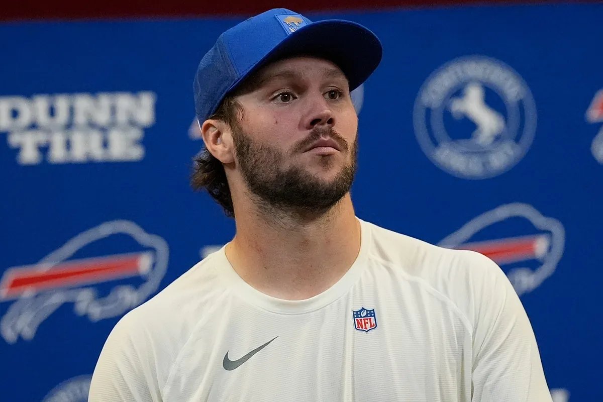 Josh Allen giving a pregame speech to his Buffalo Bills teammates before playing the Kansas City Chiefs.