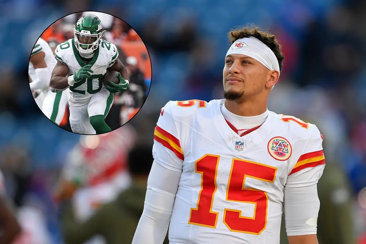 A dynamic image of Kansas City Chiefs star Patrick Mahomes with an overlay suggesting the potential addition of Breece Hall, highlighting the possibility of the Kansas City Chiefs Breece Hall pairing.
