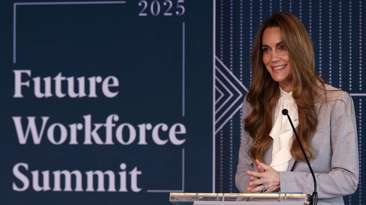 Kate Middleton addressing the crowd at a community garden. She appears healthy and confident, delivering a heartfelt speech.
