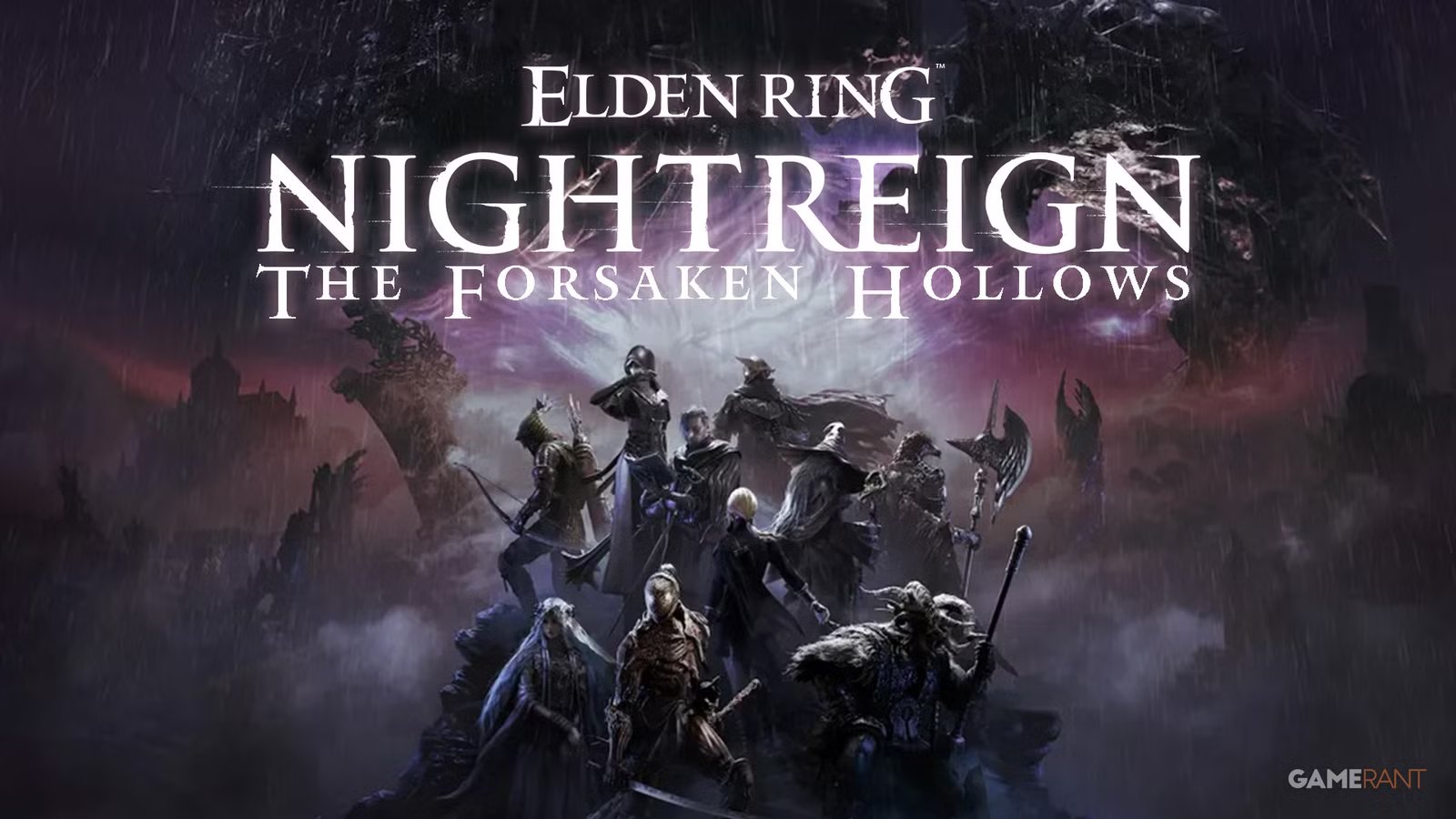 A shadowy figure stands before a massive, crumbling castle under a twilight sky, hinting at the dark themes of Elden Ring: Nightreign.