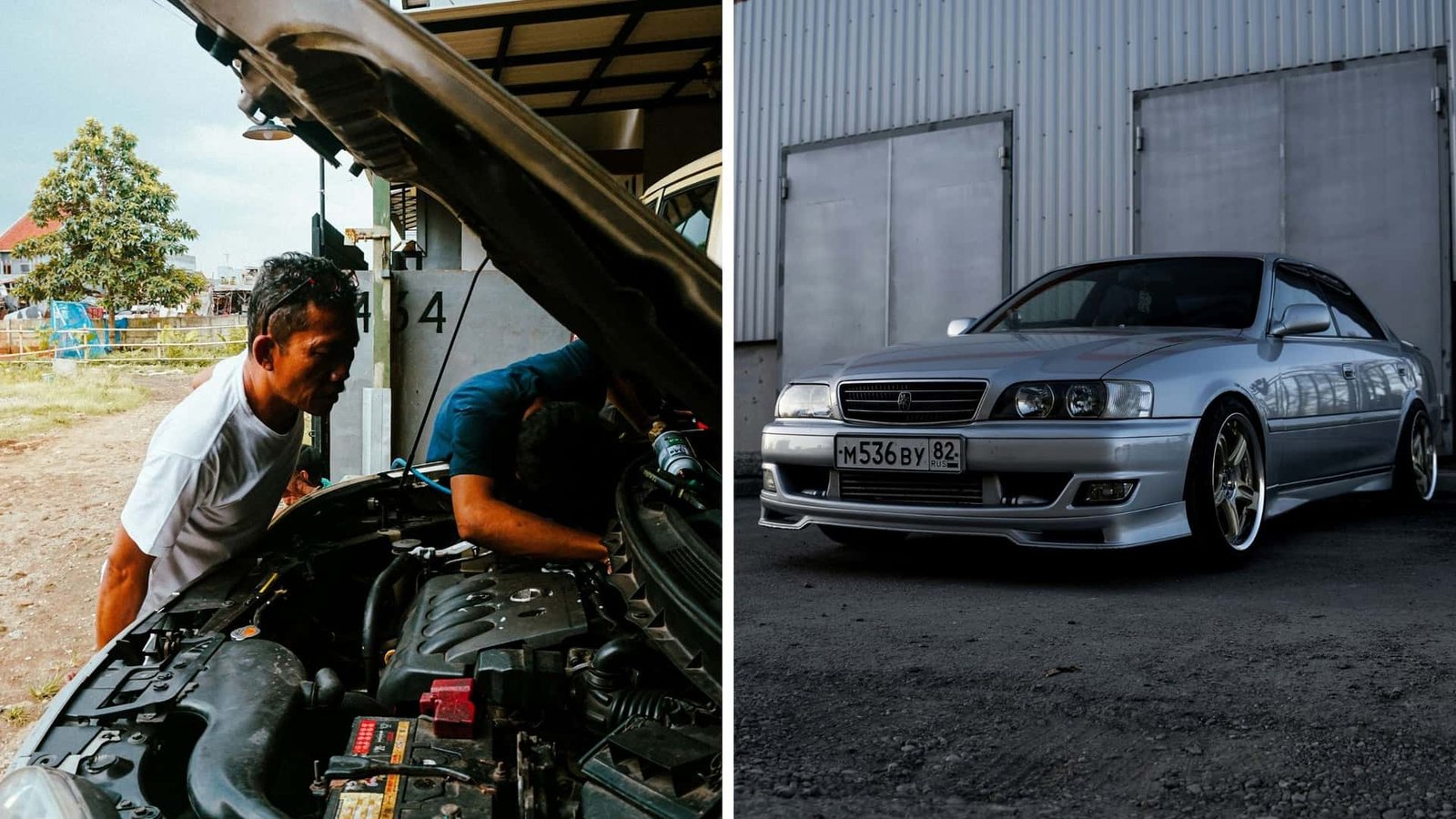 A distraught car owner inspects the damage to their vehicle, now a total loss after an incident at a mechanic's shop.