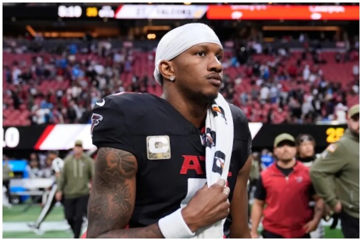 Michael Penix Jr. on the sidelines during a Falcons game.