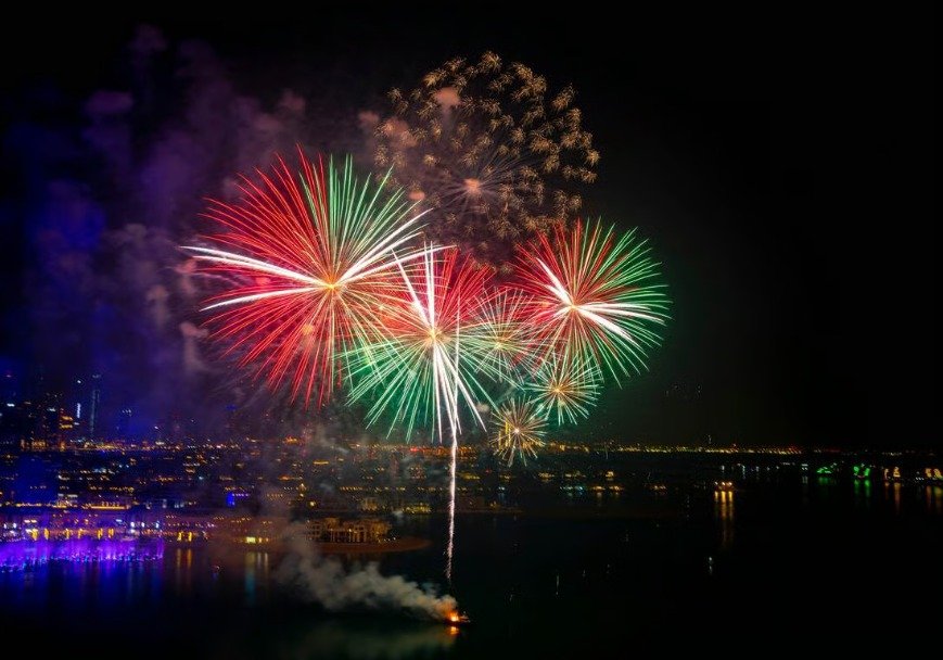 Fireworks lighting up the sky over the Jumeirah Beach Residence (JBR) in Dubai.