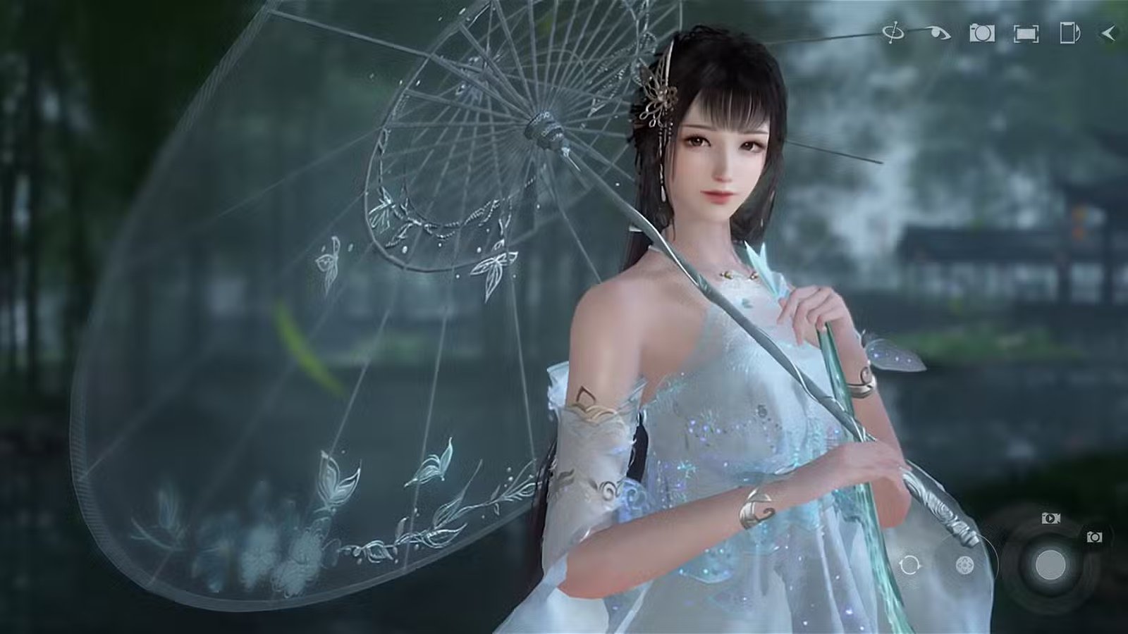 A character wearing ornate armor stands in a bustling city marketplace.