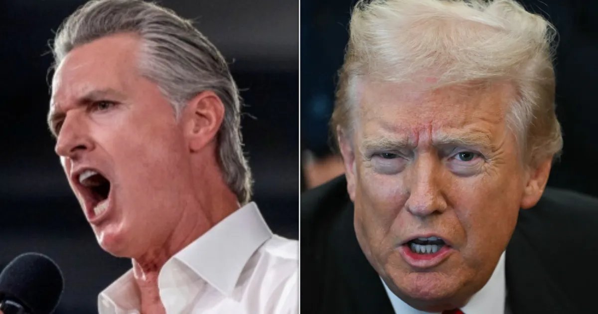 Gavin Newsom delivering a passionate speech to a large crowd, pointing emphatically.