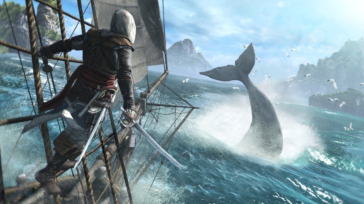 A depiction of Edward Kenway, the protagonist of Assassin's Creed IV: Black Flag, overlooking his ship on a stormy sea, with a hint of a vibrant sunset.