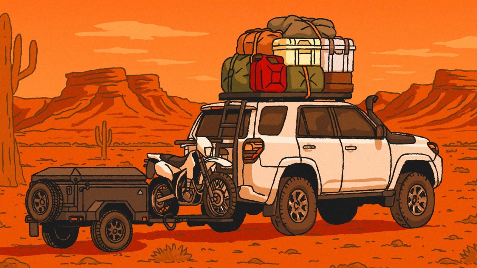 A well-equipped overlanding vehicle parked against a backdrop of a stunning desert landscape.