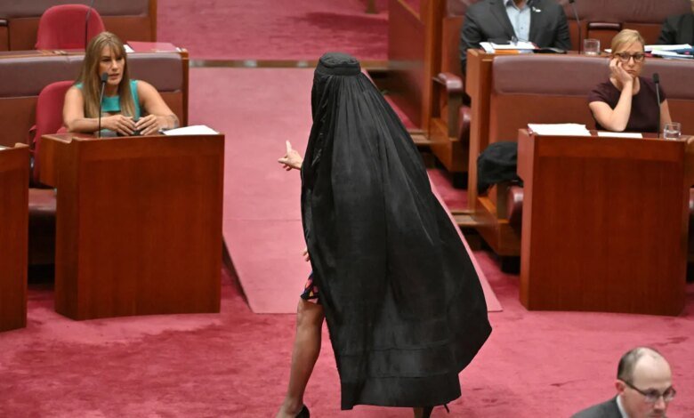 Pauline Hanson dons burqa as political prop in Australia Parliament