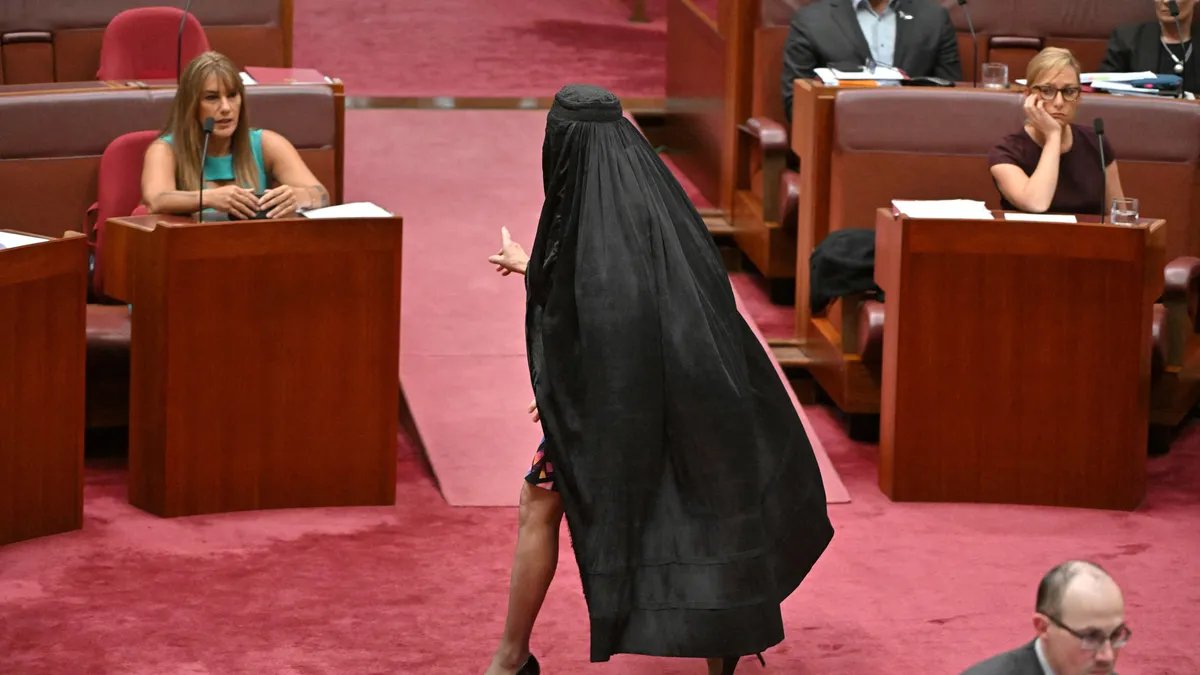 Pauline Hanson wearing a burqa in the Australian Parliament.