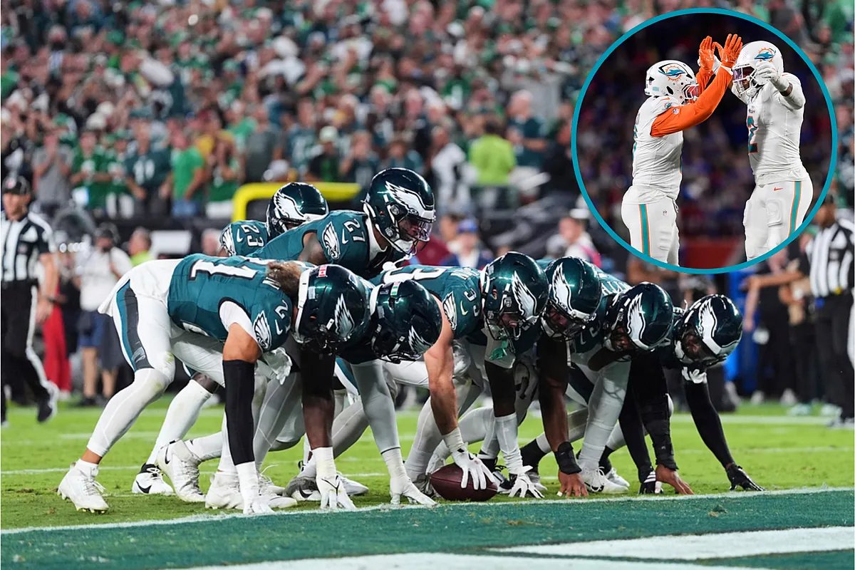 A graphic showing the logos of the Philadelphia Eagles and the Miami Dolphins, representing potential trade talks.