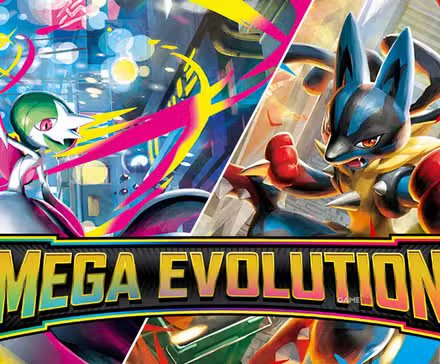 A close-up of a potential Mega Evolution card, showcasing intricate details and vibrant colors.