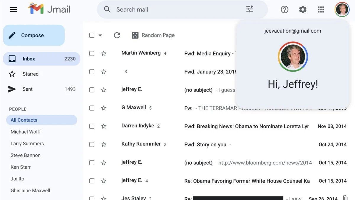 A laptop screen displaying a mock Gmail interface with subject lines hinting at sensitive communications, simulating access to Jeffrey Epstein's emails.