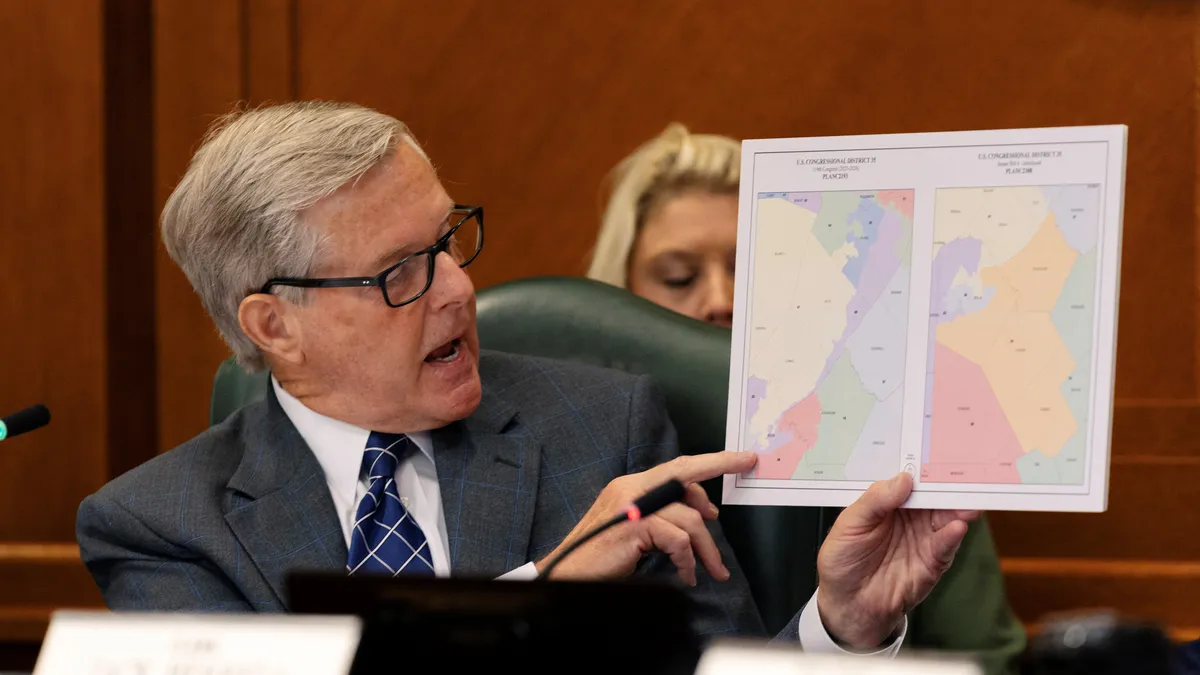 A detailed map of Texas voting districts, with some areas highlighted in red and blue, symbolizing the contested nature of the boundaries. A magnifying glass hovers over a complex section of the map, implying scrutiny.