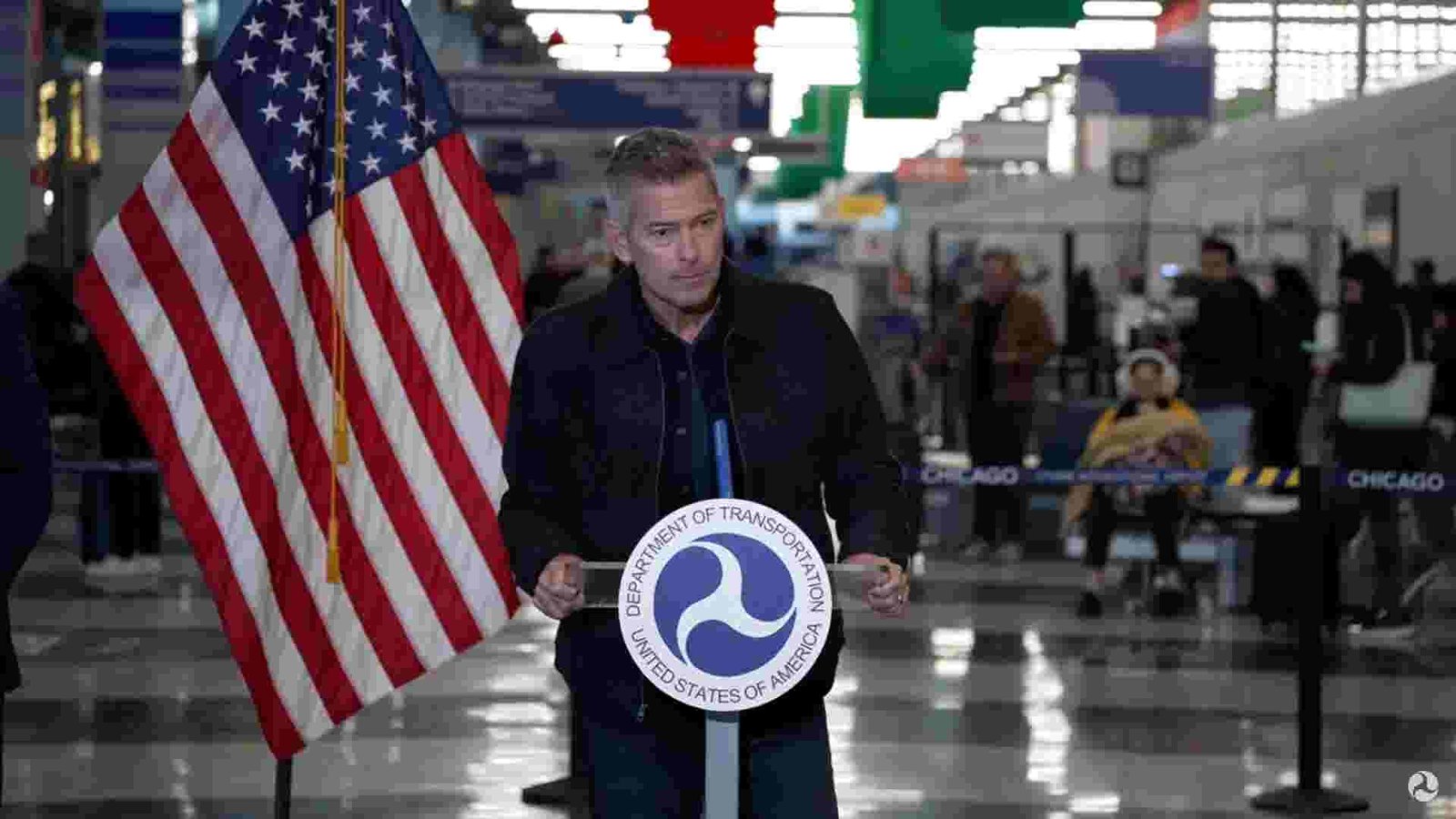 Secretary Duffy addressing the press, emphasizing the risks of a government shutdown on air travel.