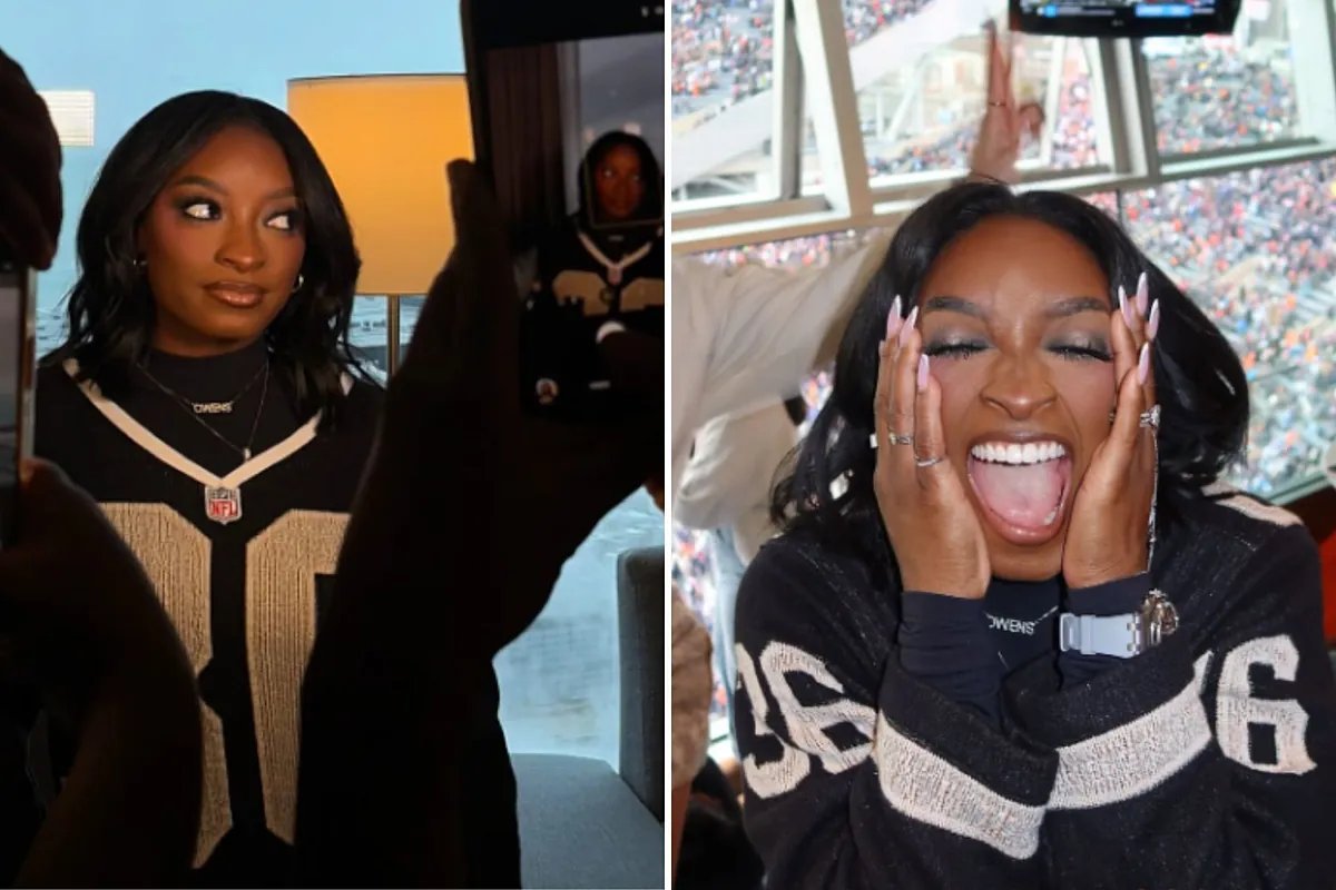 Simone Biles supporting Jonathan Owens at a football game, embodying a queenly presence.
