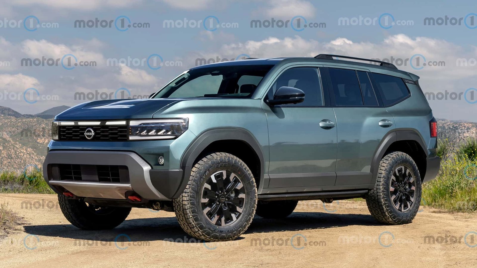 A digitally rendered image of a rugged, modern Nissan Xterra driving on a dirt road with mountains in the background, emphasizing its off-road capability and potential return.