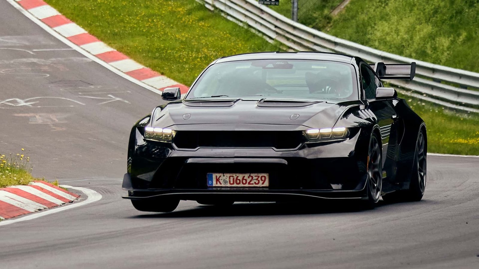 The Ford Mustang GTD undergoing rigorous testing at the Nürburgring Nordschleife, showcasing its advanced aerodynamics and track-focused design.