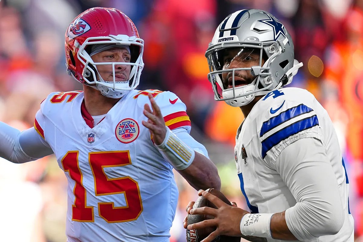 Patrick Mahomes and Dak Prescott shaking hands on the field.
