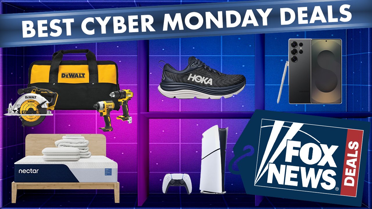 A collage featuring Apple products and Levi's jeans, representing Cyber Monday deals.