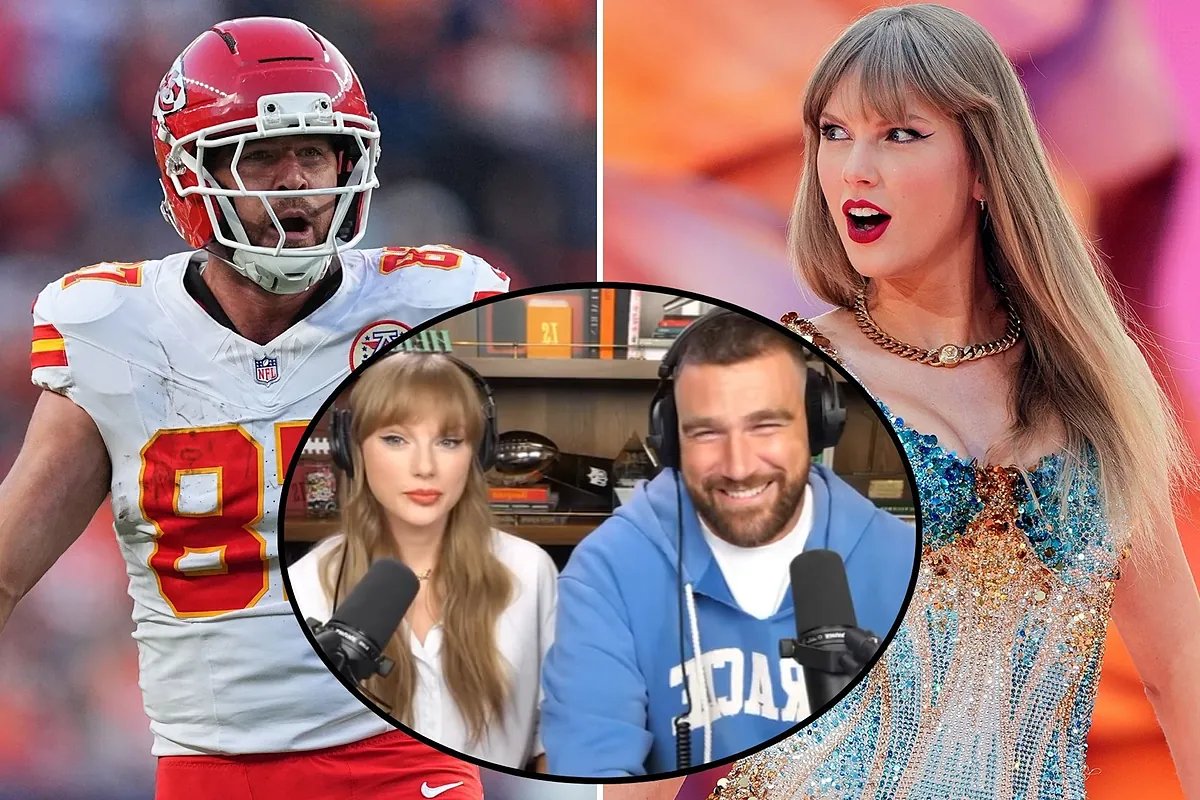 Travis Kelce and Taylor Swift laughing together.