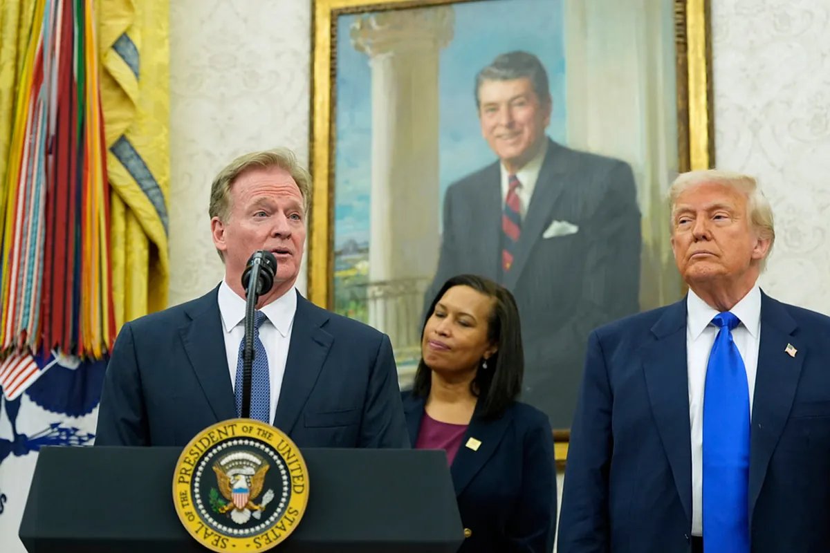 Donald Trump addressing a crowd, with a superimposed image of Roger Goodell looking on calmly.