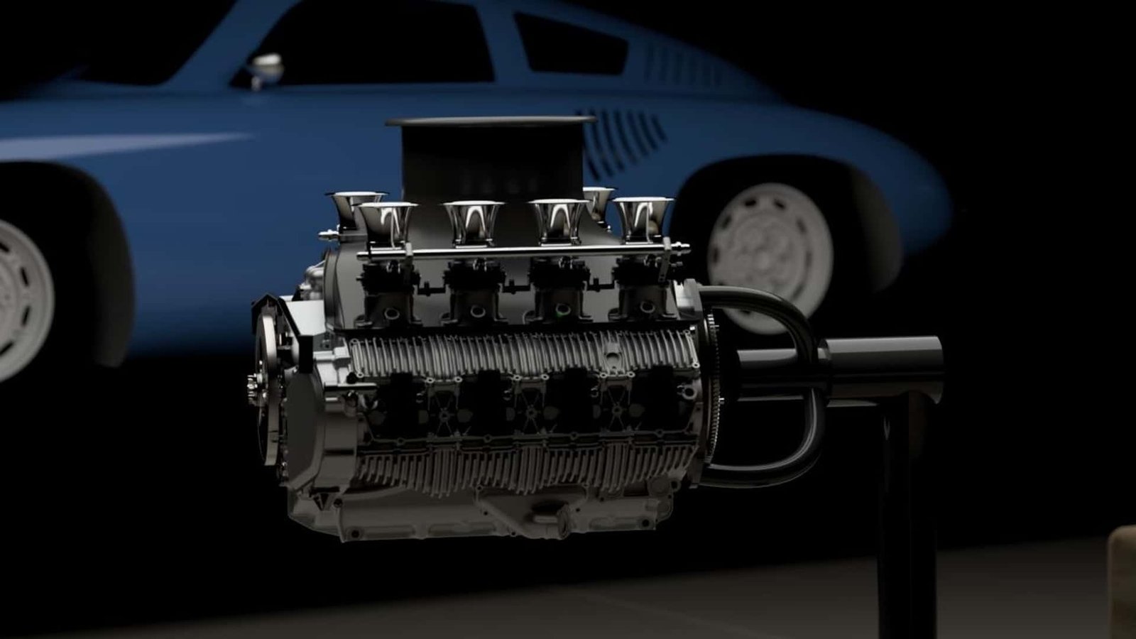 Detailed view of the new air-cooled flat-eight engine design.
