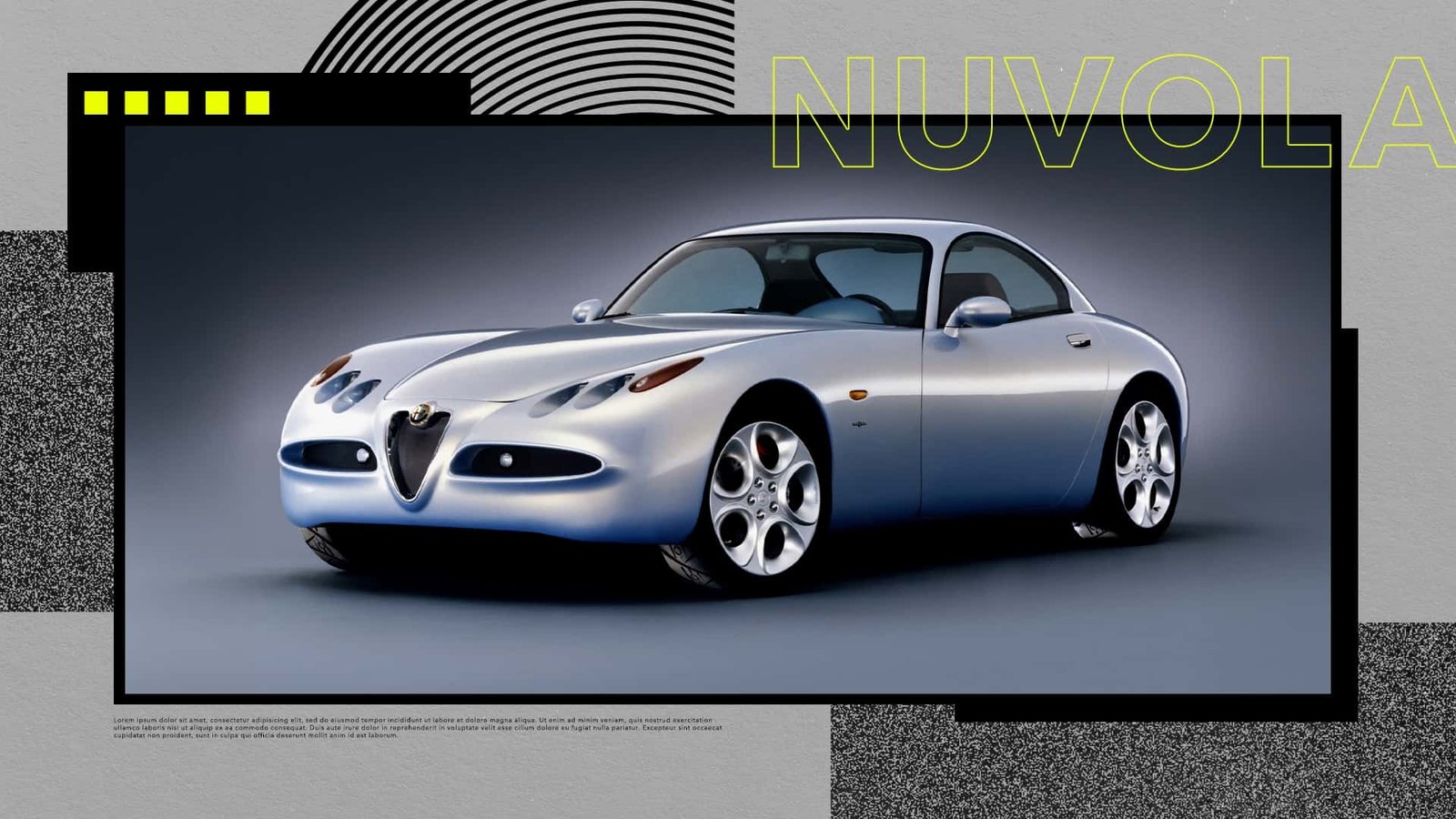 The sleek, flowing lines of the Alfa Romeo Nuvola concept car at an auto show.