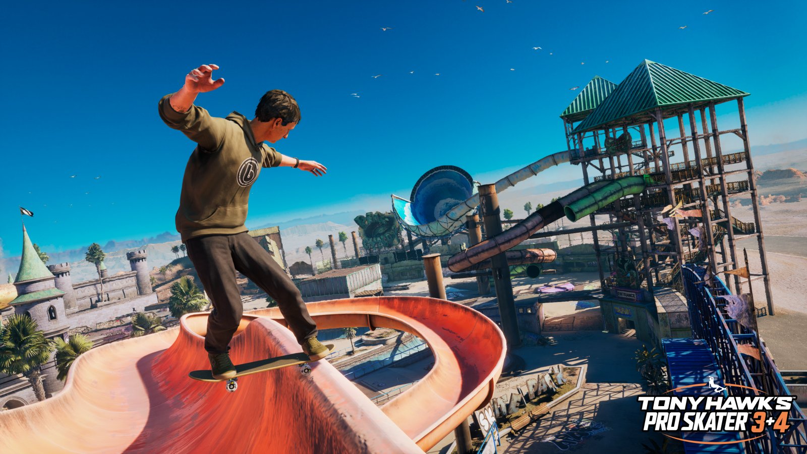Tony Hawk mid-air on a skateboard, showcasing his agility and strength.