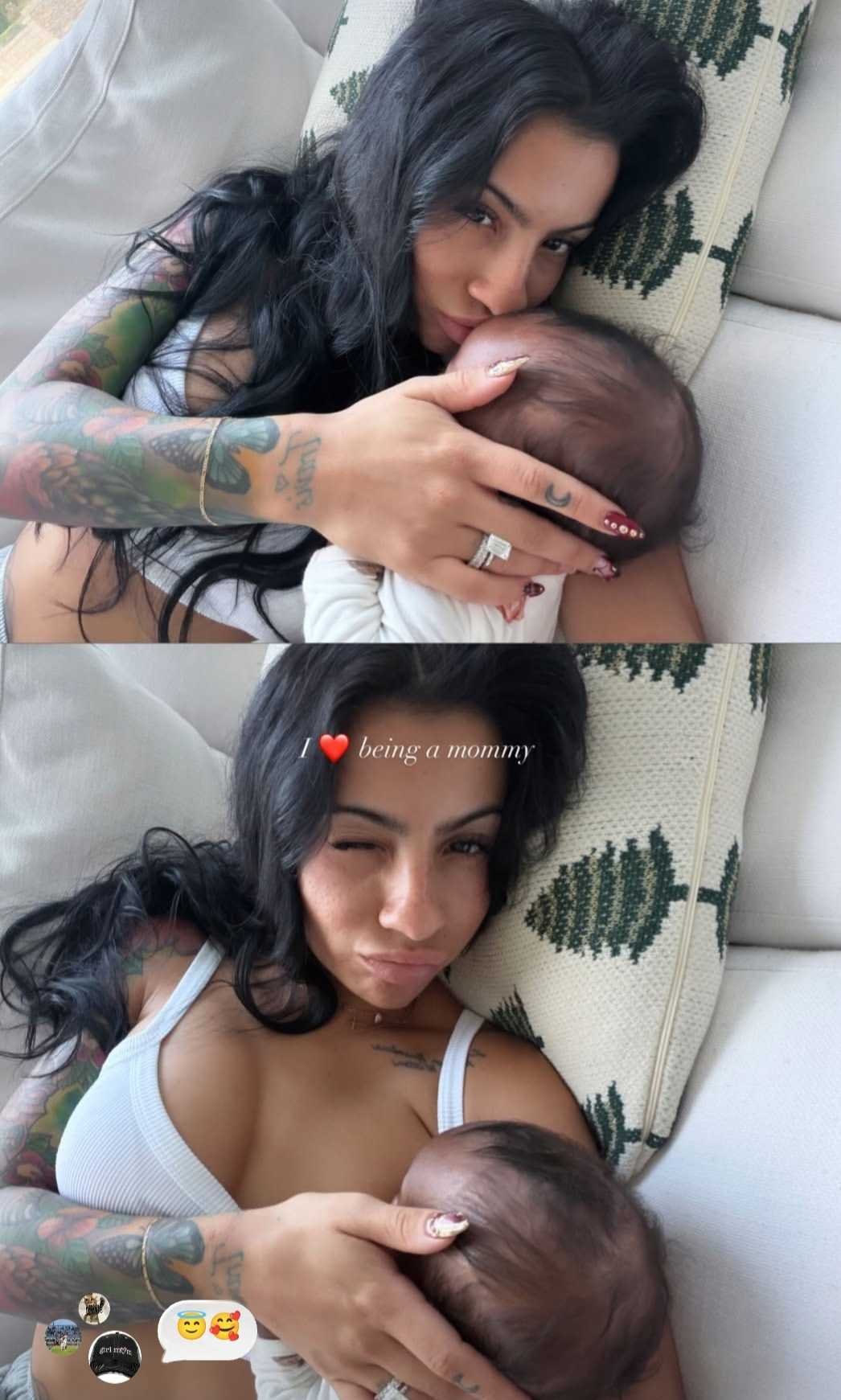 A close-up of Travis Hunter's wife, Leanna Lenee, smiling lovingly at her baby during playtime.