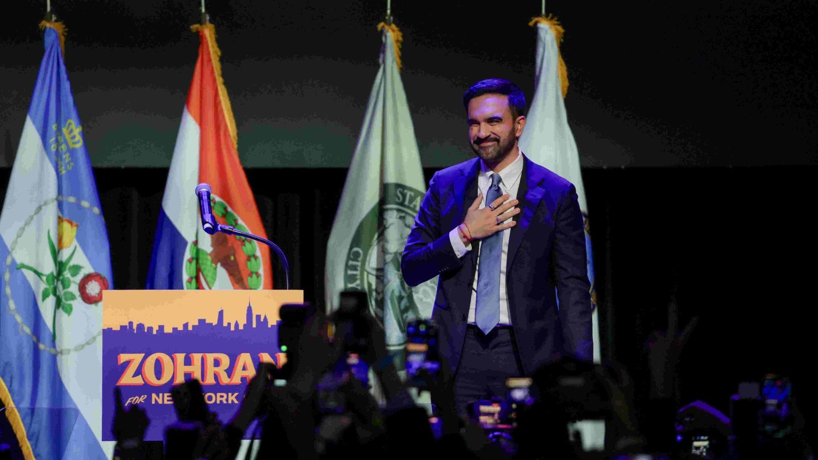 Donald Trump reacting to Zohran Mamdani's NYC mayoral election victory, appearing surprised or displeased.