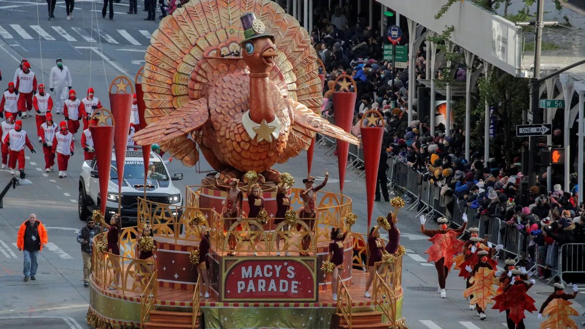 Macy's Thanksgiving Parade featuring giant balloons, floats, and performers.