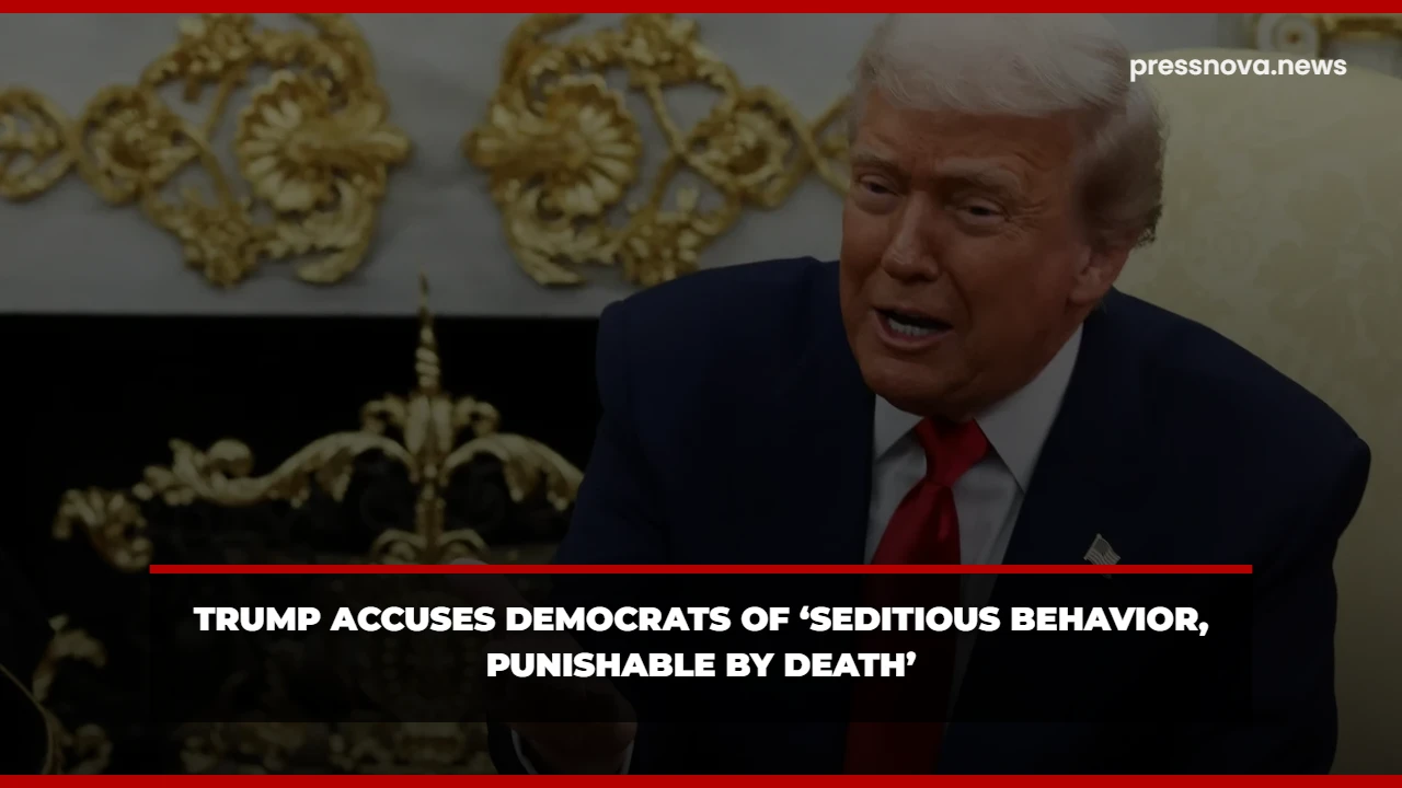 Donald Trump addressing a rally, with supporters in the background, some wearing MAGA hats.