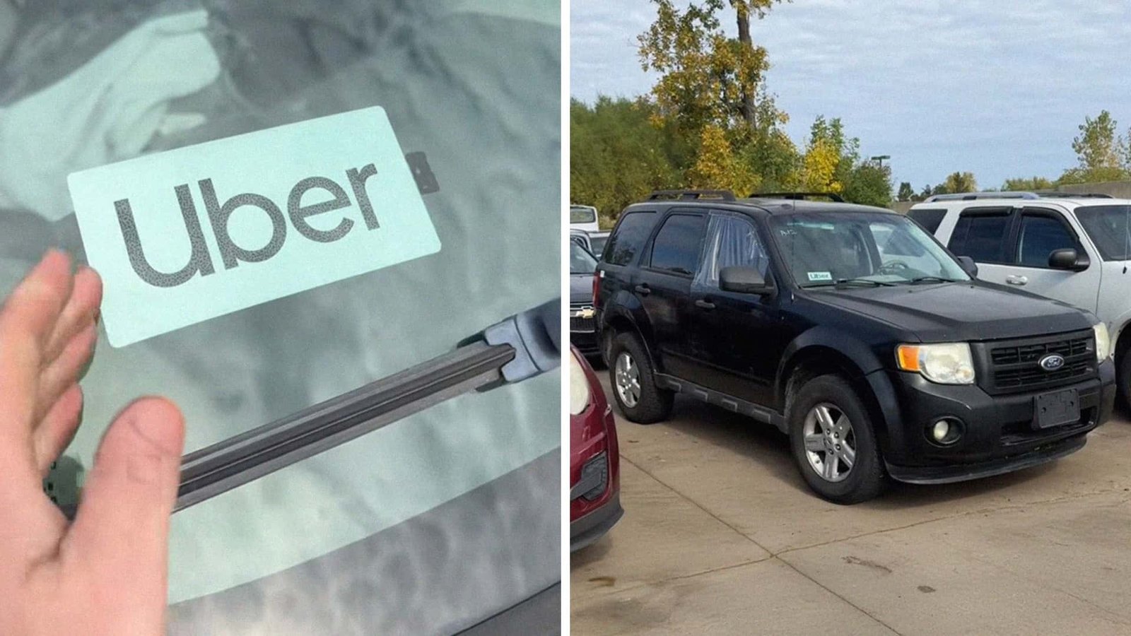 A junkyard worker inspecting the faded exterior of an old Ford Escape with a flashlight, revealing peeling paint and rust. The surrounding area shows other discarded vehicle parts and a dusty, industrial setting.