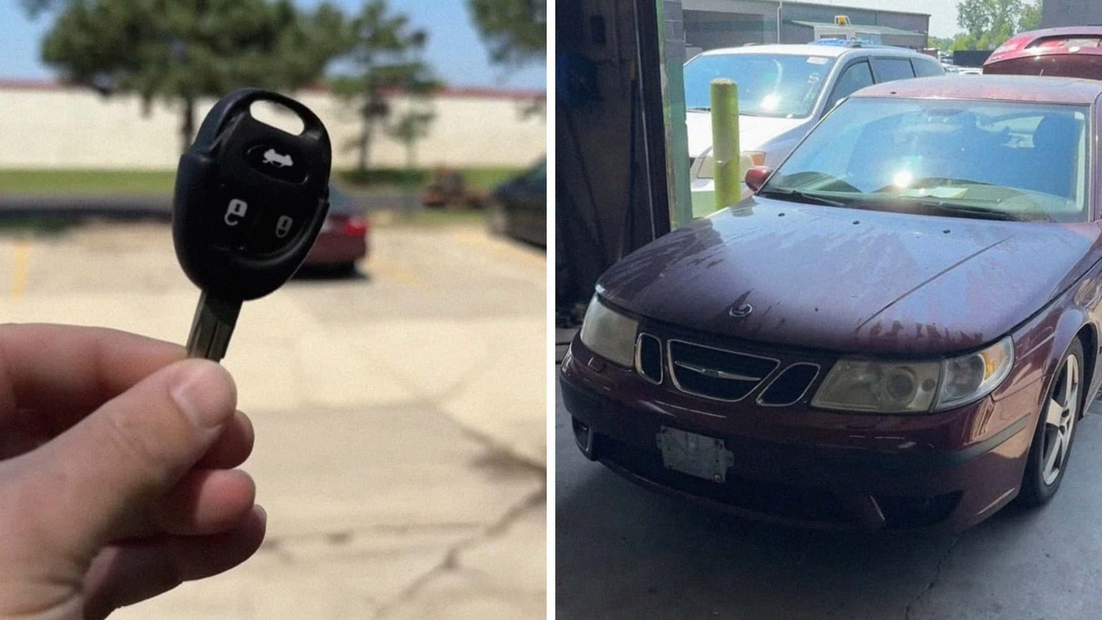 A midnight-blue Saab 9-5 sits in a used car dealership's workshop, looking worn but with a distinctive presence. The car is partially covered in dust, and some bodywork shows minor imperfections, reflecting its uncertain fate. Tools and other workshop equipment are visible in the background, hinting at the mechanical decisions to be made.