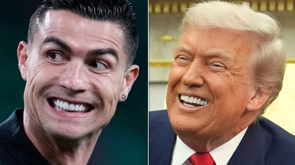 Cristiano Ronaldo and Donald Trump shaking hands, with both smiling.