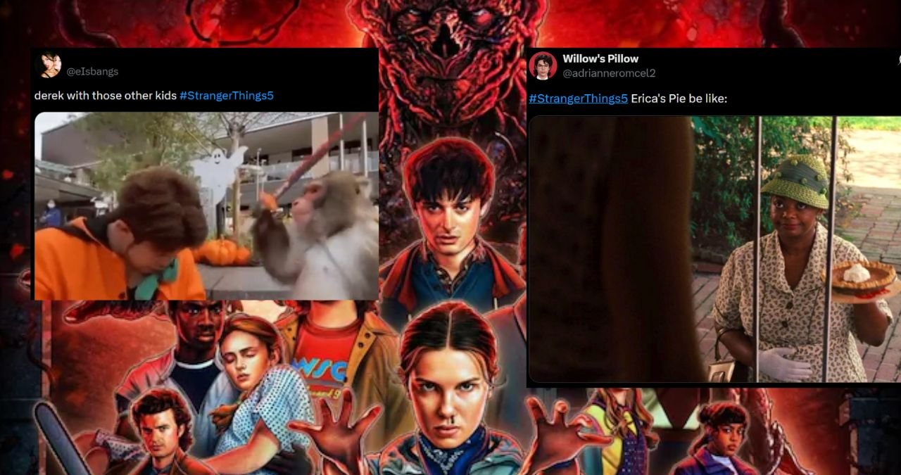 A collection of Stranger Things Season 5 memes showcasing various fan theories and humorous takes on the show.