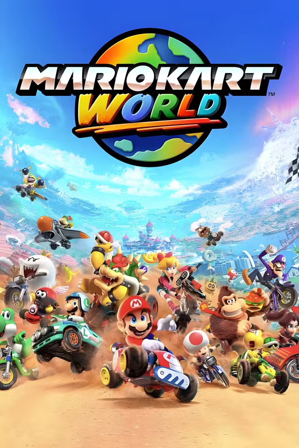 A vibrant screenshot of the revamped Battle Mode in Mario Kart World, showing multiple characters in an arena.