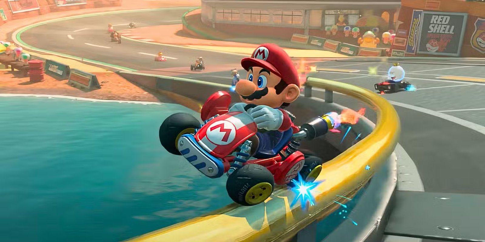 An action shot of Mario and Luigi racing on a new track, highlighting improved graphics and gameplay.