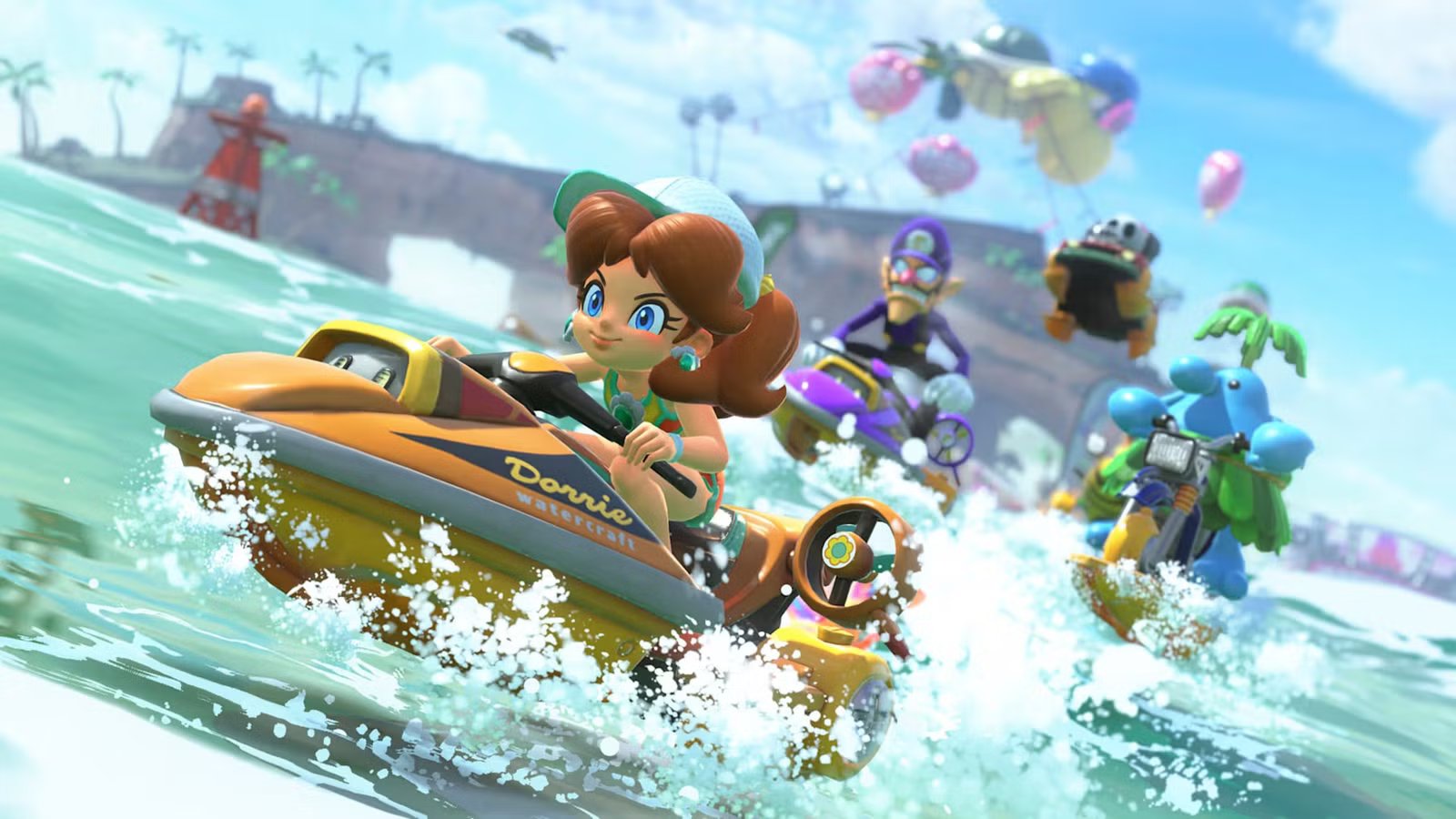 A promotional image showcasing new characters and karts in Mario Kart World's December 2025 update, featuring festive themes.