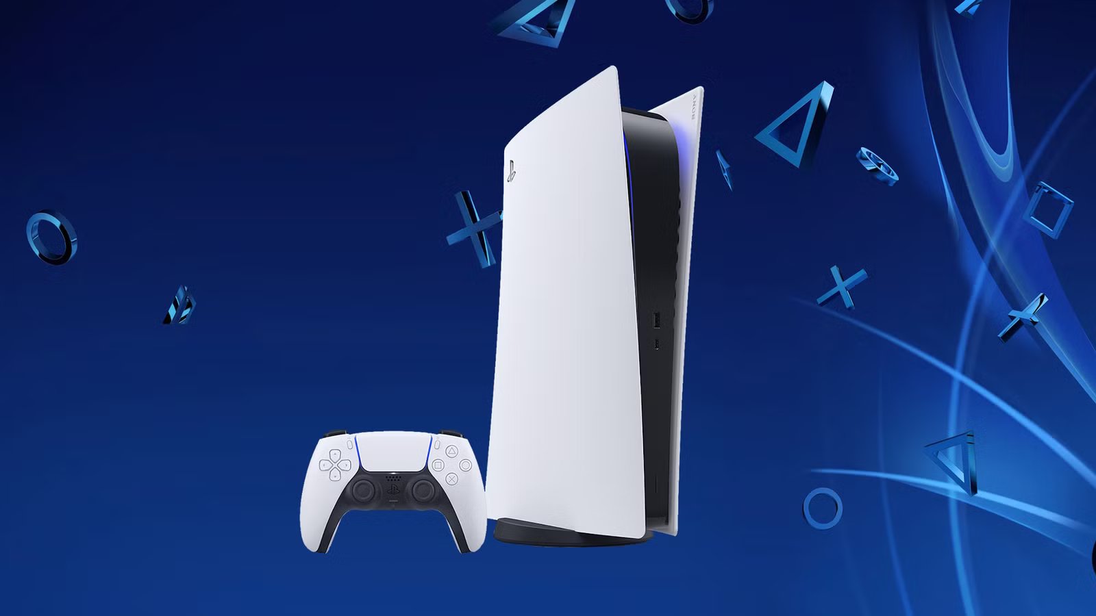 A close-up shot of a PlayStation 5 console with a green leaf icon superimposed, symbolizing energy efficiency and sustainability in gaming.