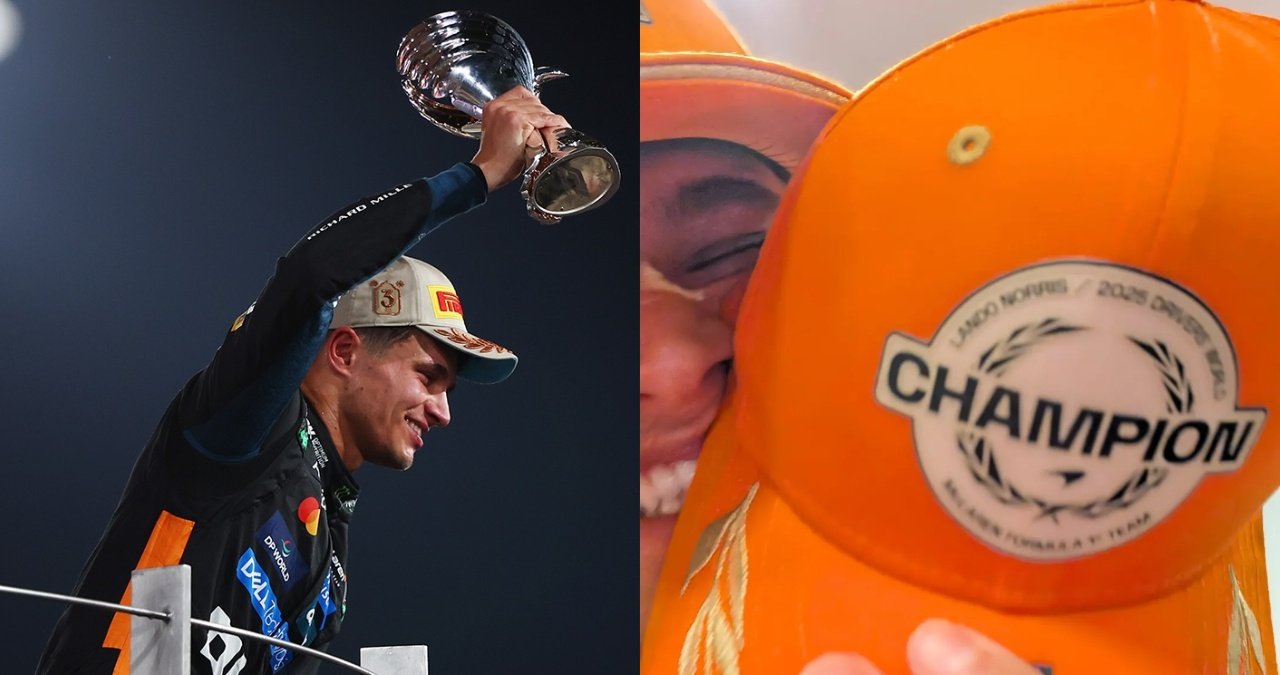 Lando Norris celebrating on the podium with the F1 World Champion trophy.